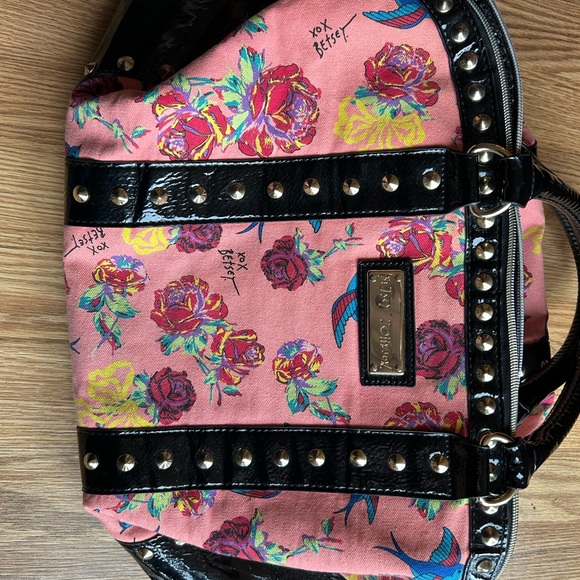 Betsey Johnson Black and Pink Floral Satchel - Picture 4 of 7